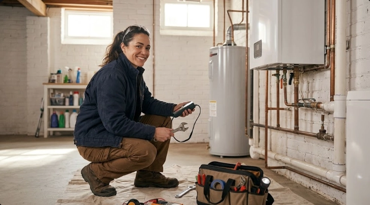 Certified plumber performing gas line pressure testing and leak detection on black iron pipe