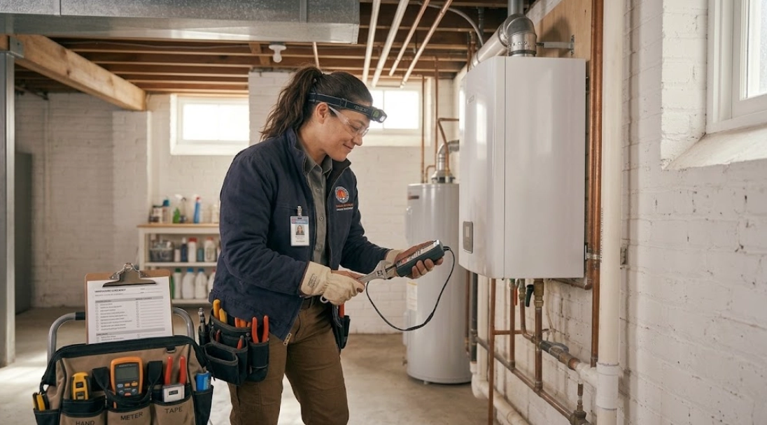 Modern gas boiler installation and repair in a residential mechanical room