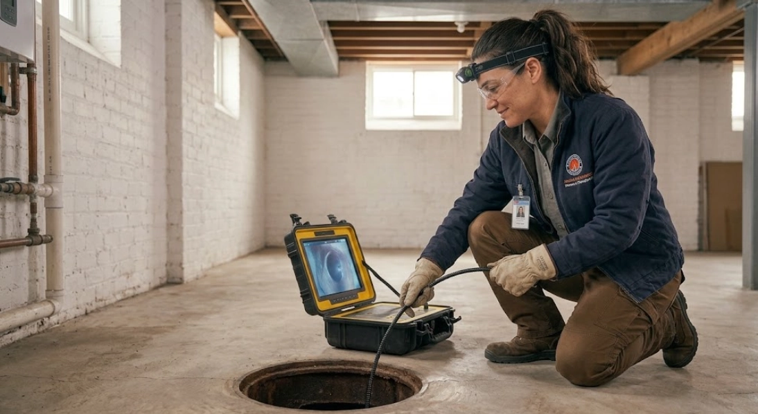 High-definition sewer camera inspection monitor showing underground pipe condition
