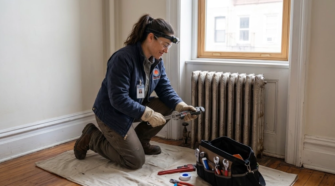 Plumber replacing a steam radiator valve and brass spud connection