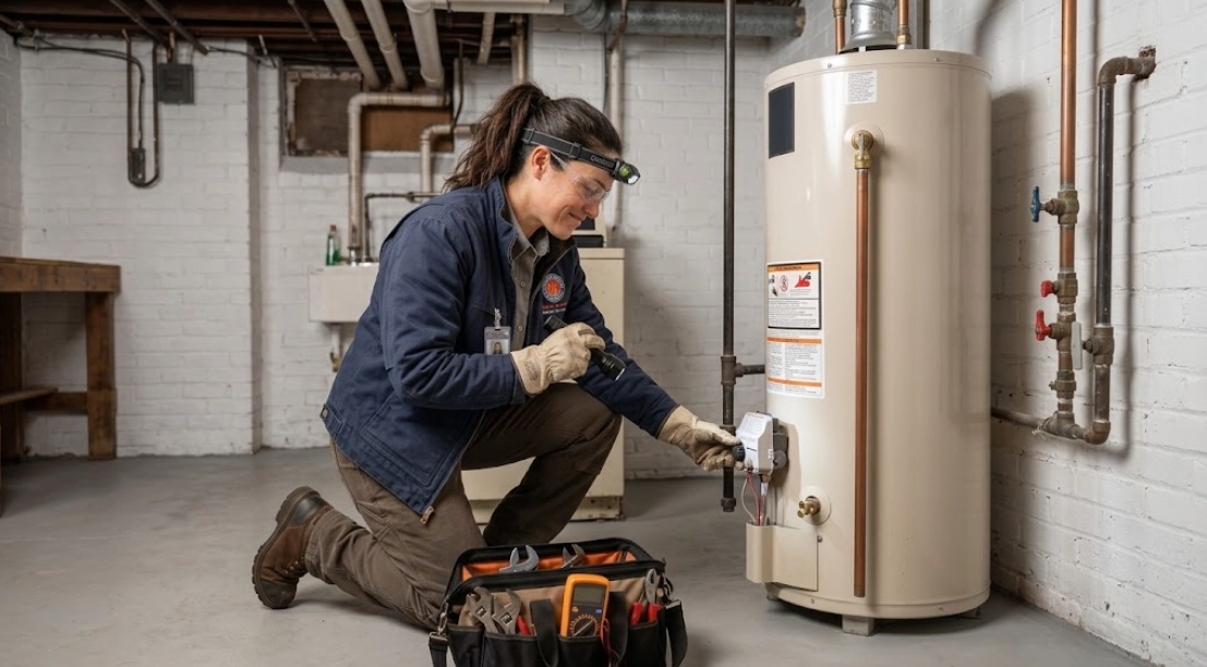 Plumber testing gas control valve and pilot assembly on residential water heater
